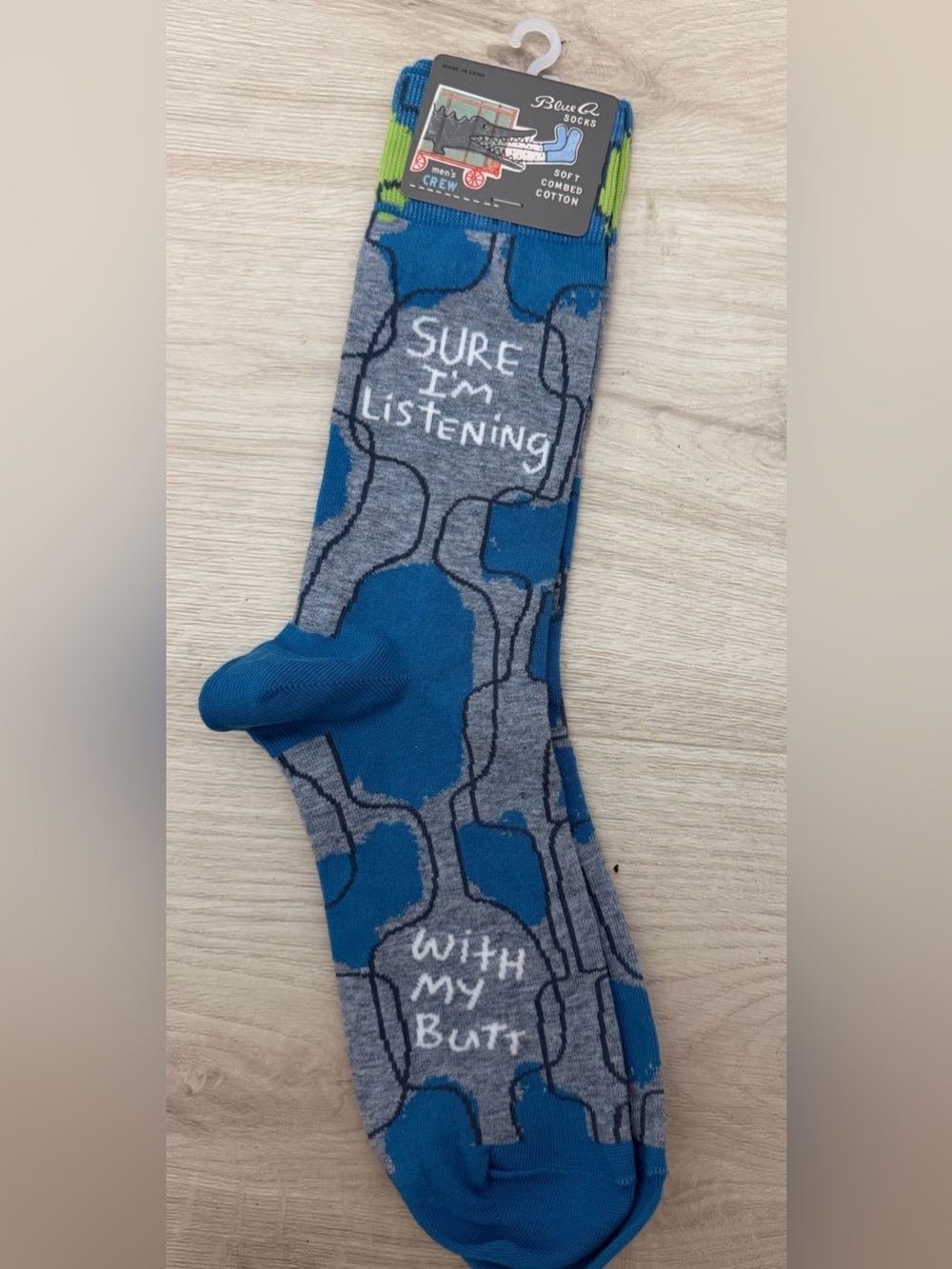 Blue Q Socks Mens 7-12 Crew Blue Novelty Sure I’m Listening with my Butt 😀